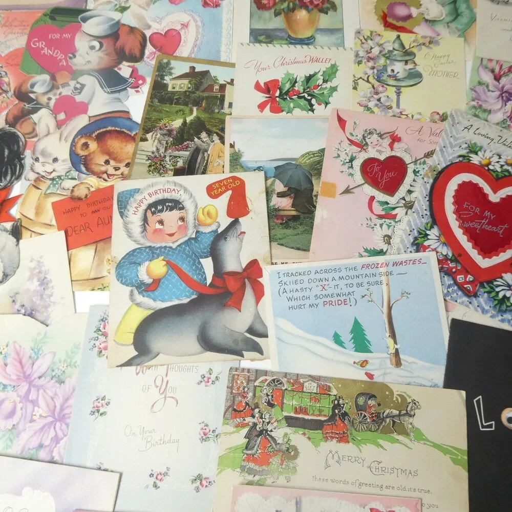 Lot Vintage Holiday Greeting Cards Valentines Birthday Christmas Used